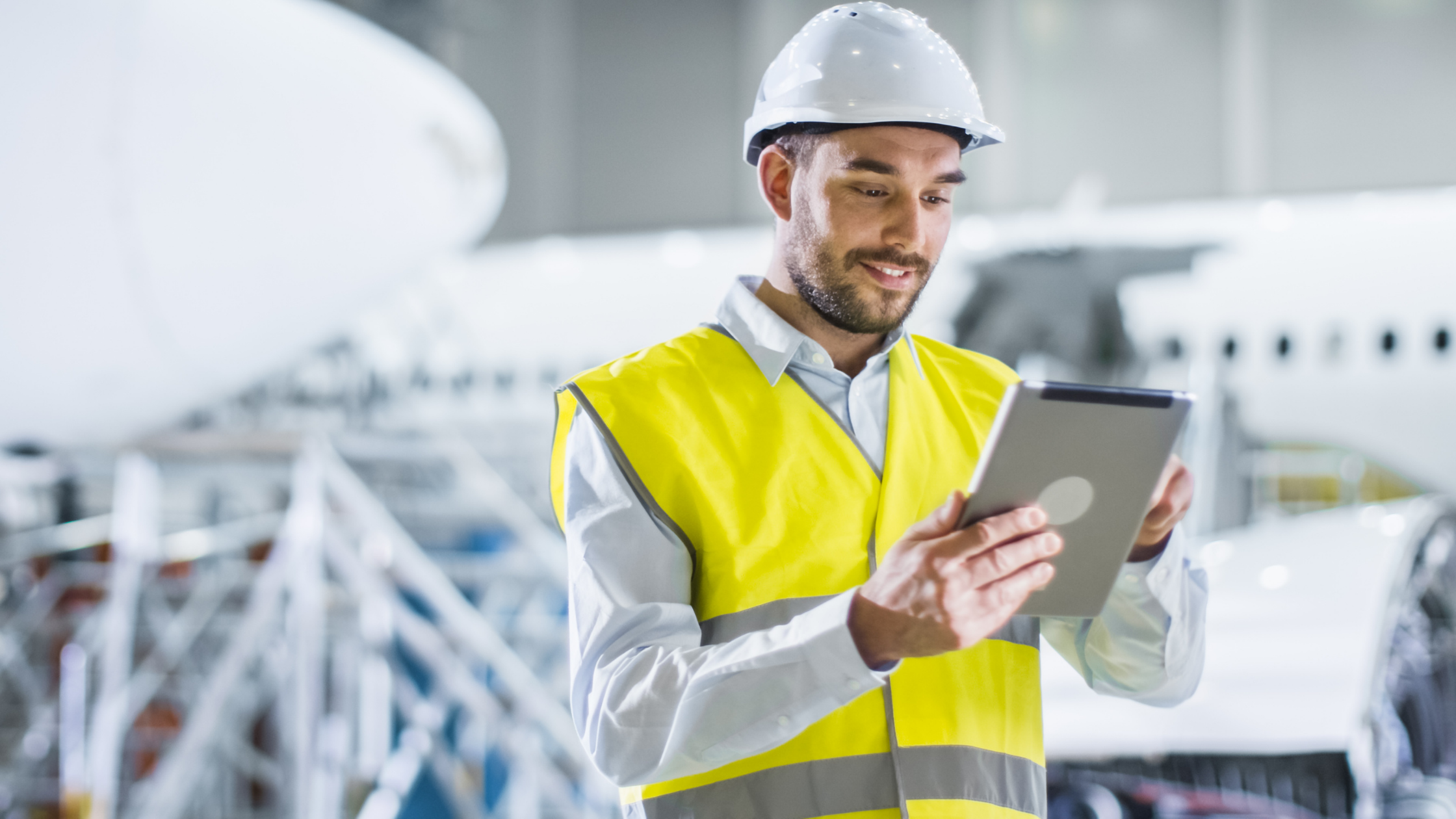 A man in a yellow safety vest and white hard hat looks intently at a mobile tablet. 